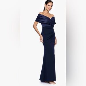 Betsy & Adam Off-Shoulder Navy One-Shoulder Evening Gown